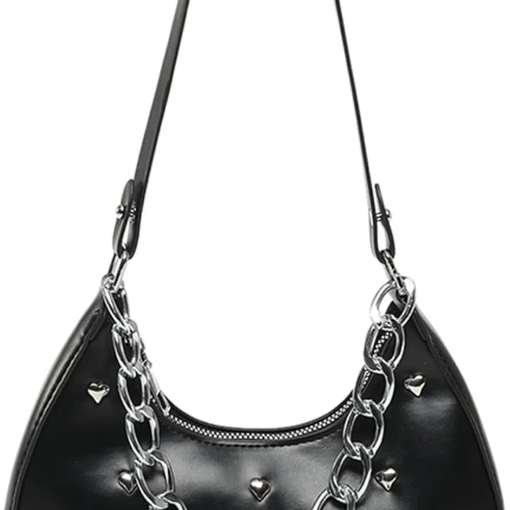Women's PU Leather Shoulder Bag Metal Chain Rivets Zipper Closure Compact